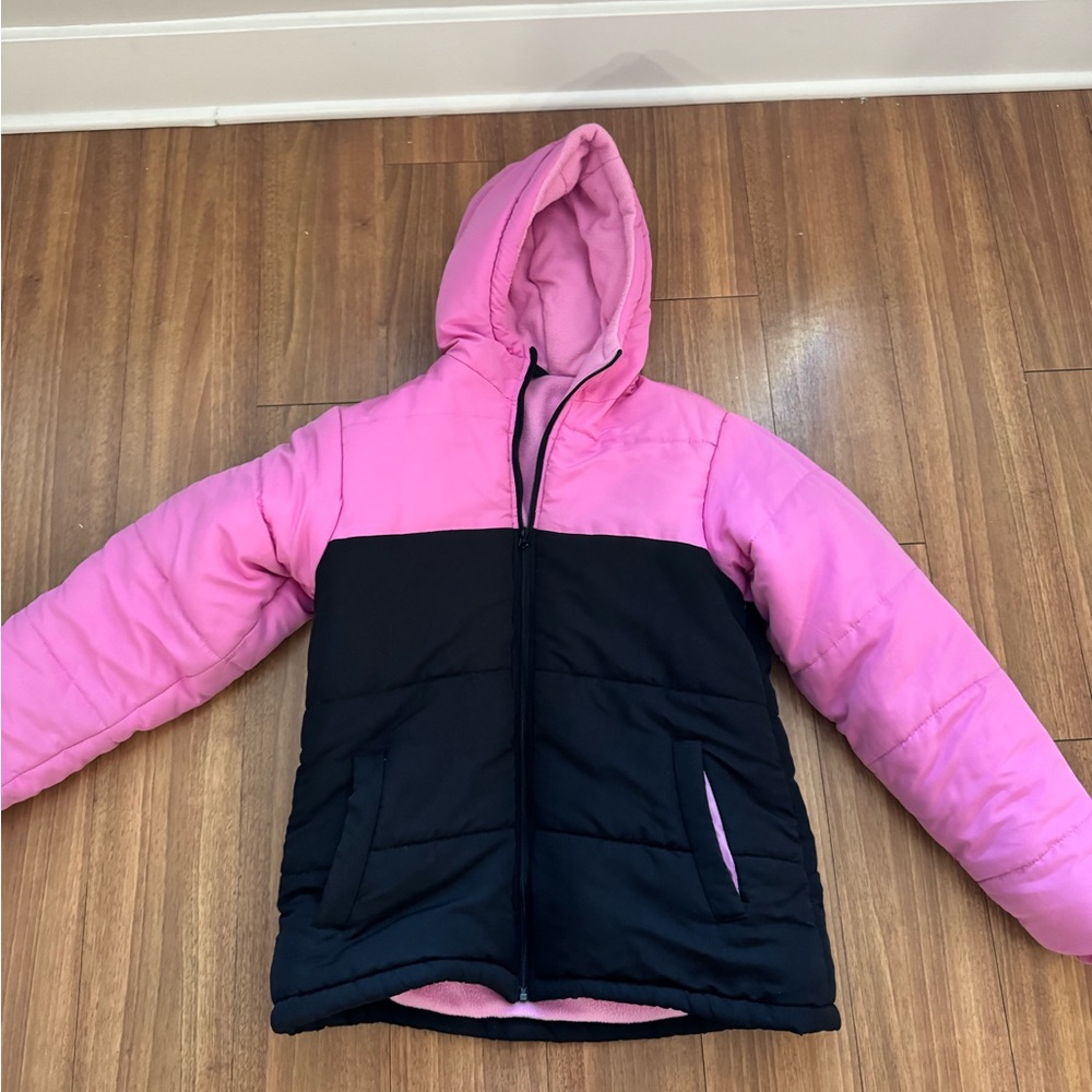 Pink and Black Hooded Puffer Jacket